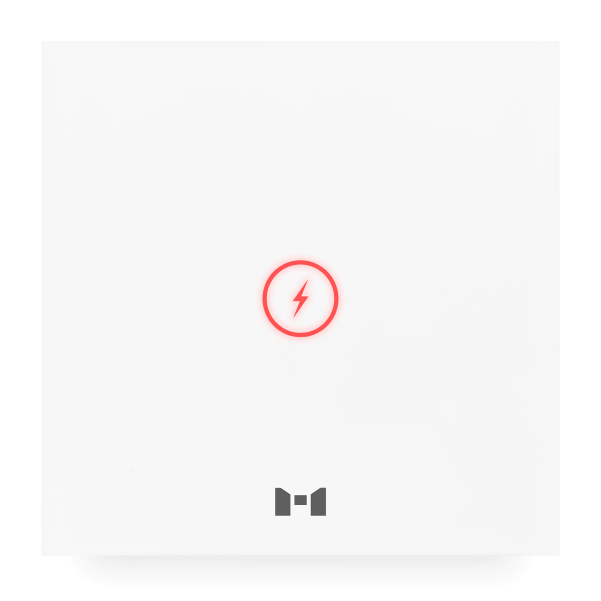 A sleek pearl white MTronic Power Panel with a small red lightening bolt in a circle and a grey MRS logo at the bottom