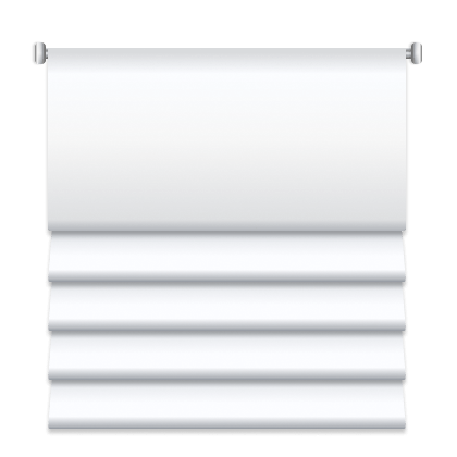 A sleek pearl white MTronic Smart Blind Panel with a circled dot in the center and the roll up arrow lit up in blue while the roll down option is in grey and a grey MRS logo at the bottom