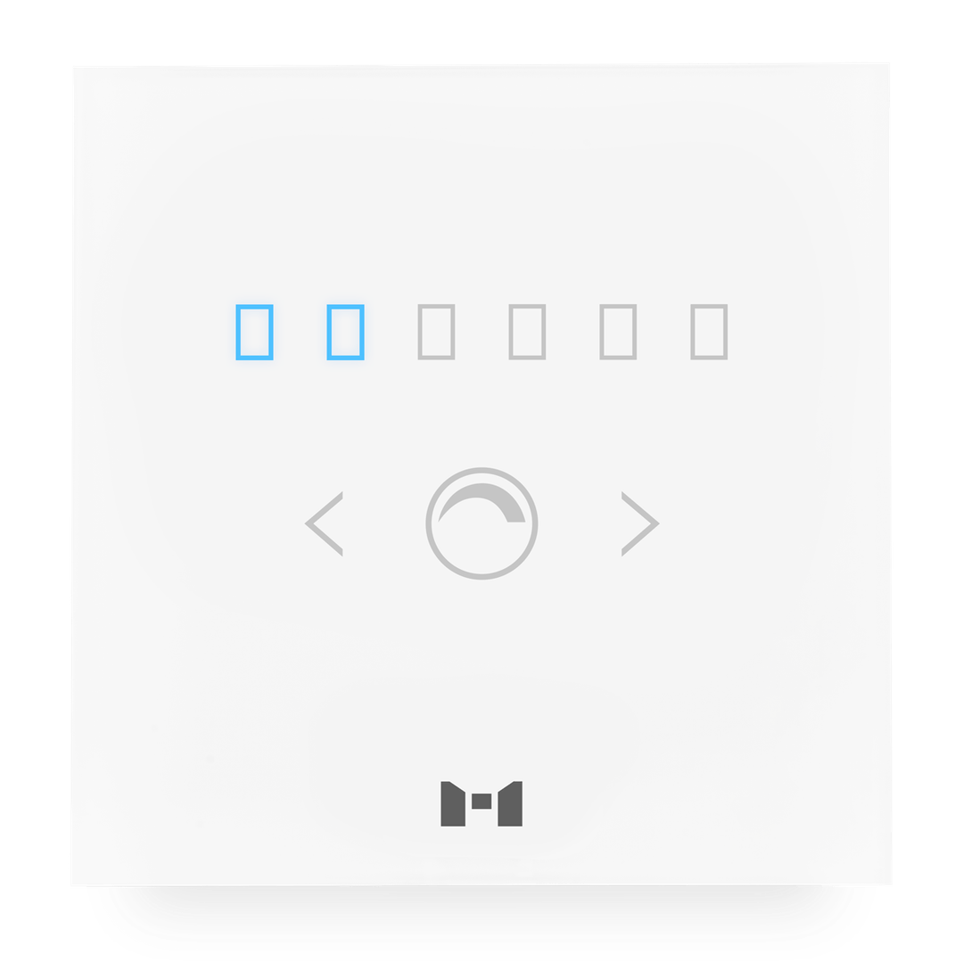 A sleek pearl white MTronic Smart Dimmer with 2 out of 6 speed options shining blue and a grey MRS logo at the bottom