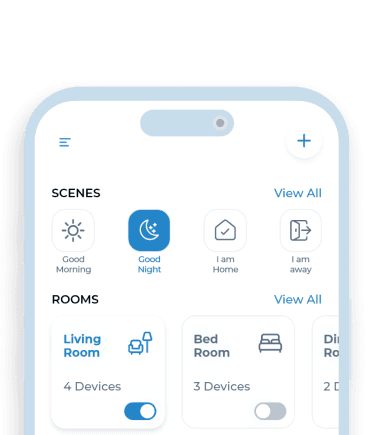 An illustration of half an iPhone displaying the overview of Scenes of the MTronic app with Good Night