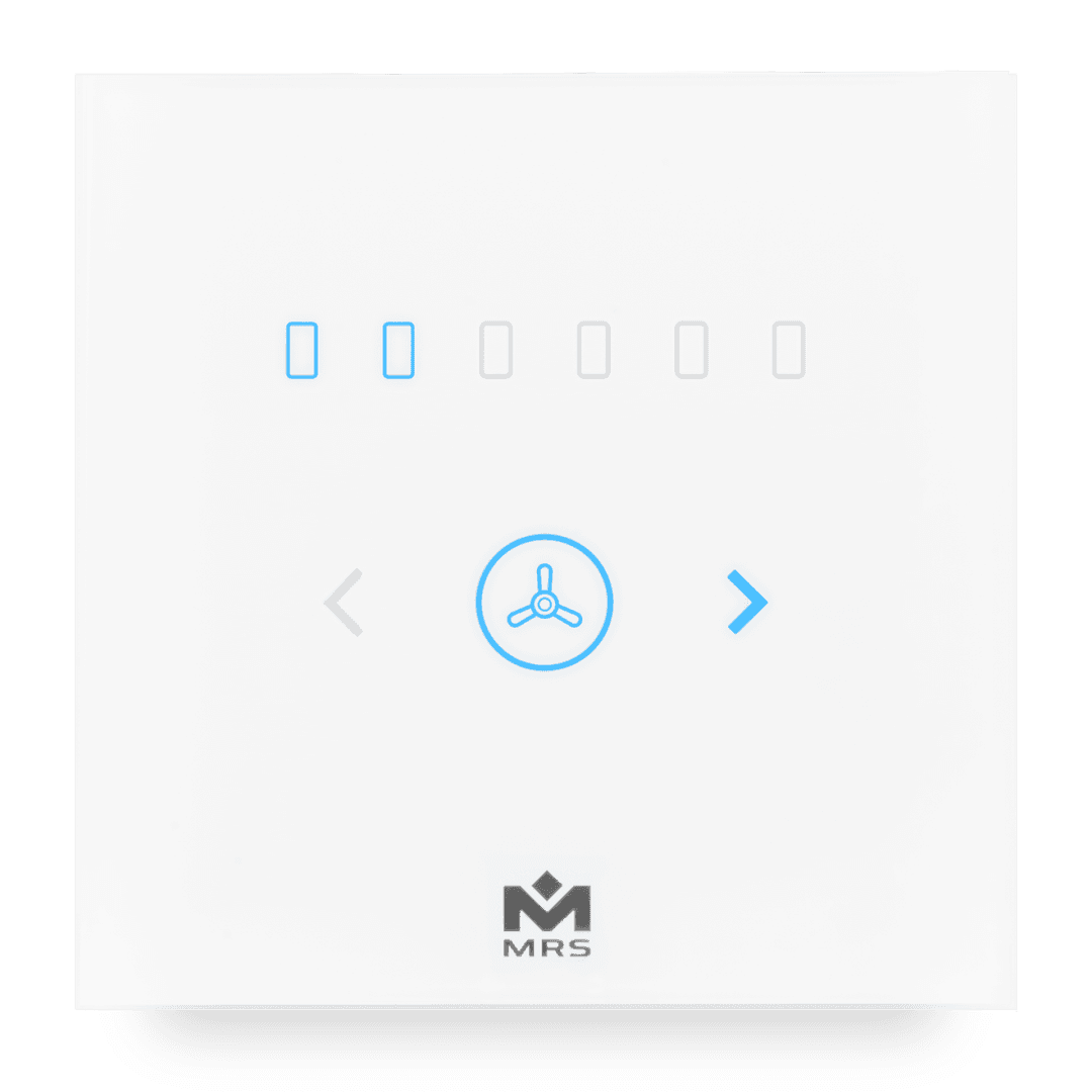 A sleek pearl white MTronic smart Fan Dimmer with 2 out of 6 speed options shining blue and a grey MRS logo at the bottom