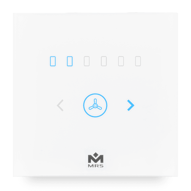 A sleek pearl white MTronic smart Fan Dimmer with 2 out of 6 speed options shining blue and a grey MRS logo at the bottom