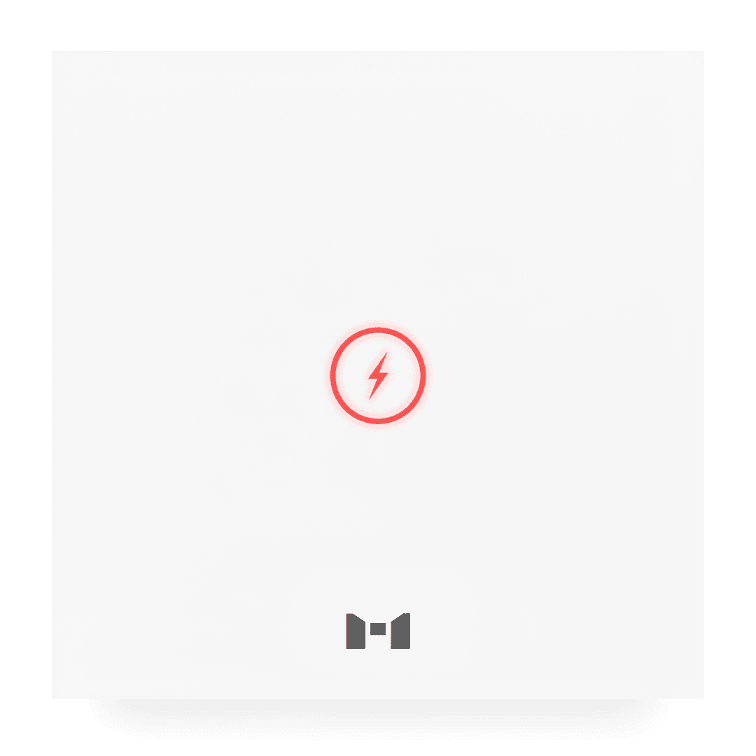 A sleek pearl white MTronic Power Panel with a small red lightening bolt in a circle and a grey MRS logo at the bottom