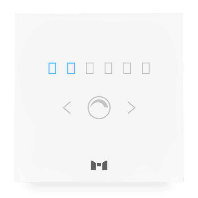 A sleek pearl white MTronic Smart Dimmer with 2 out of 6 speed options shining blue and a grey MRS logo at the bottom