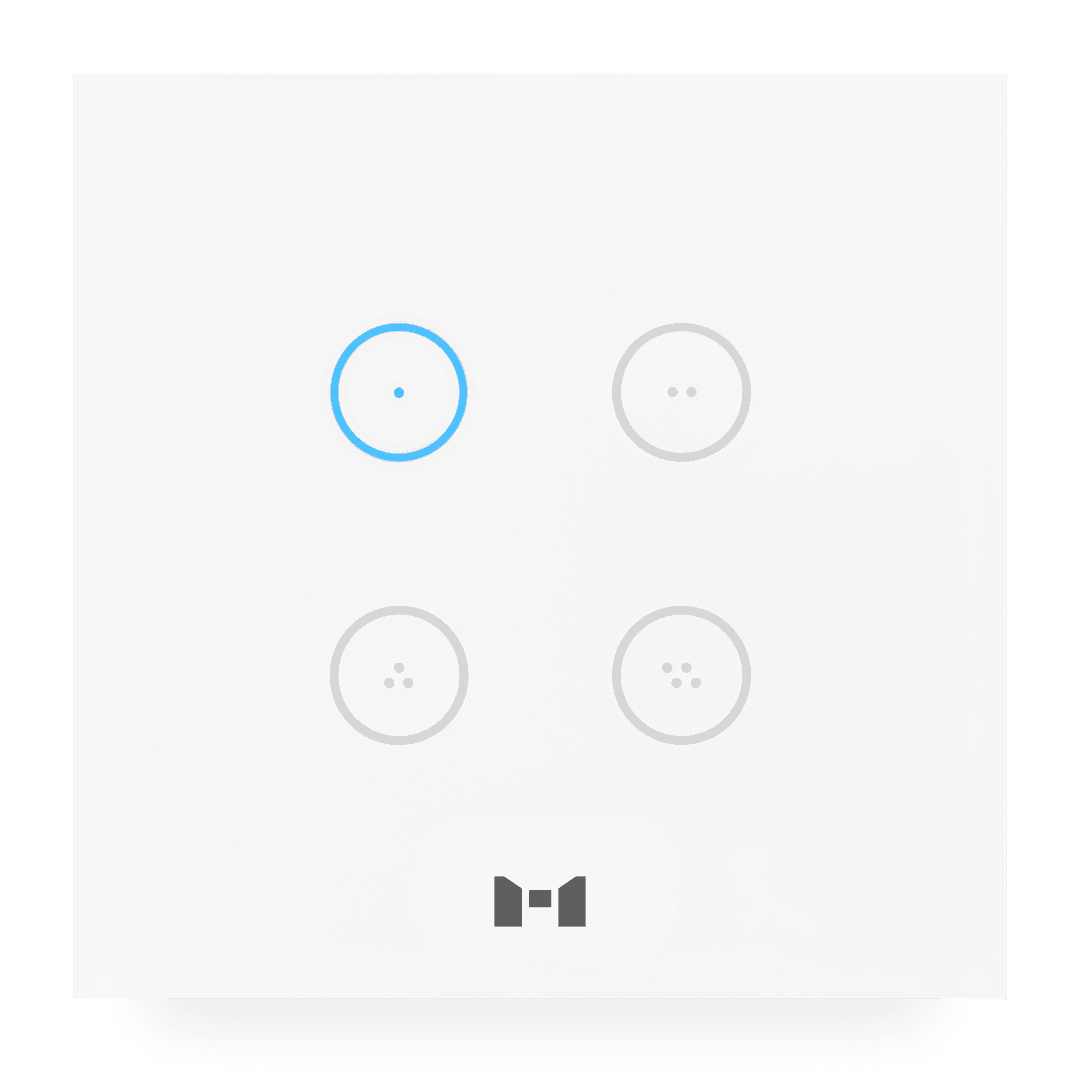 A sleek pearl white 4 Gang smart Touch Panel with 1 gang illuminated blue to show it is switched on