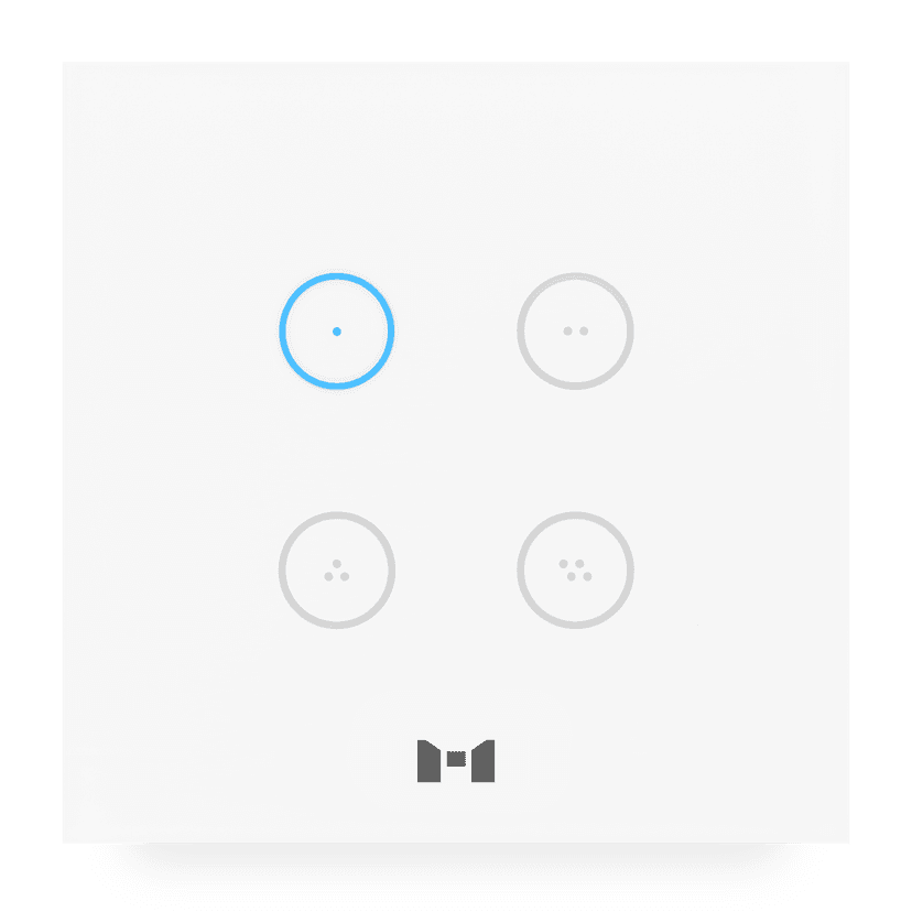 A sleek pearl white 4 Gang smart Touch Panel with 1 gang illuminated blue to show it is switched on