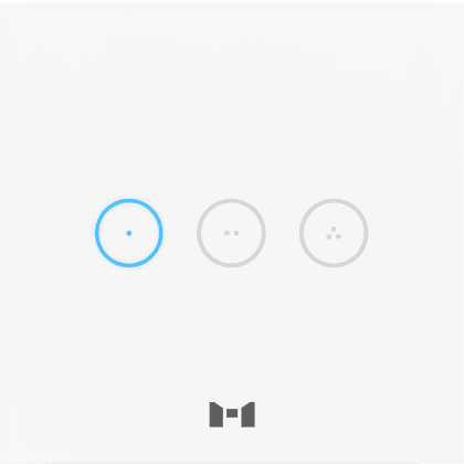 A sleek pearl white 3 Gang smart Touch Panel with 1 gang illuminated blue to show it is switched on.