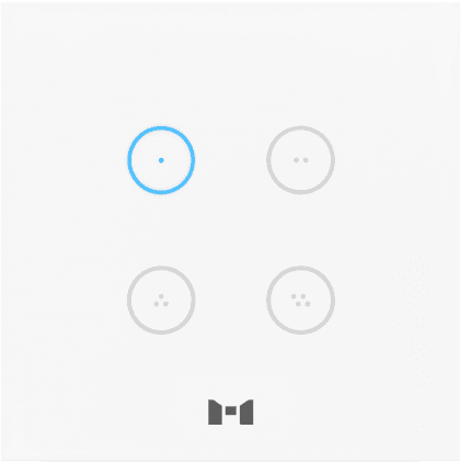 A sleek pearl white 4 Gang smart Touch Panel with 1 gang illuminated blue to show it is switched on.