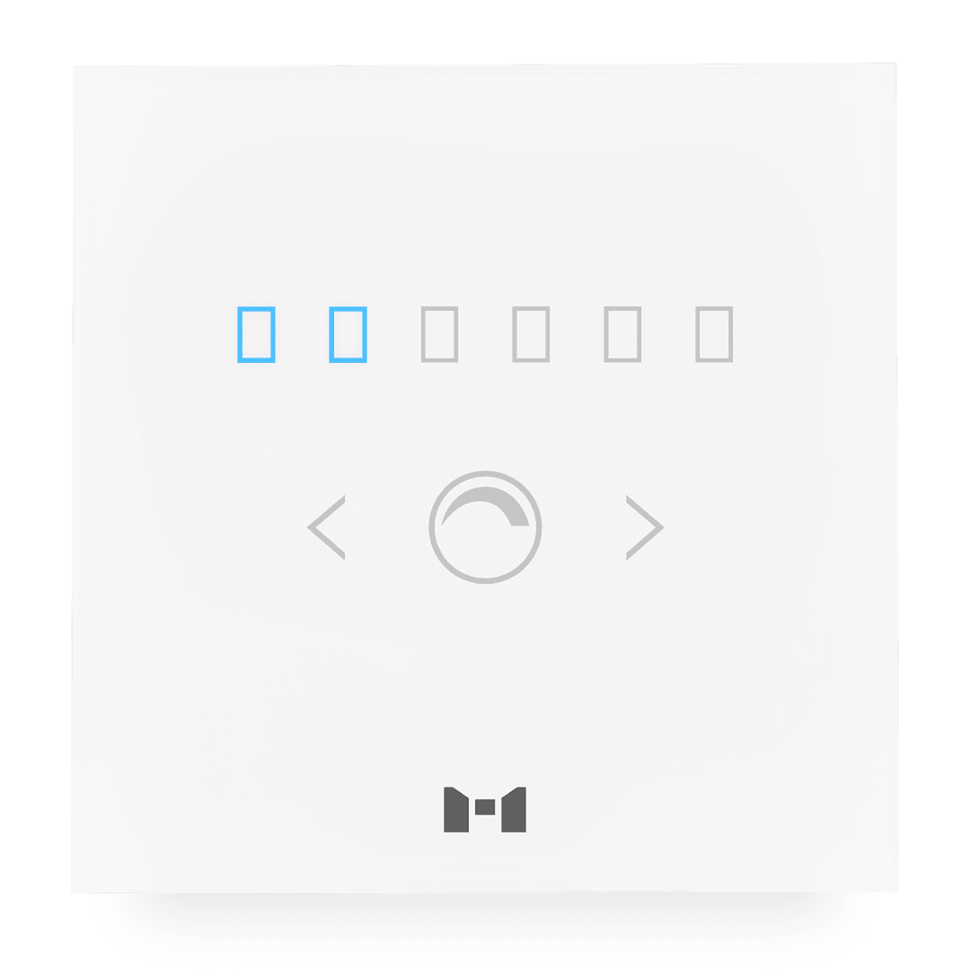 A sleek pearl white MTronic Smart Dimmer with 2 out of 6 speed options shining blue and a grey MRS logo at the bottom