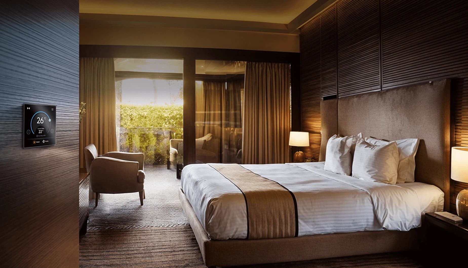 Smart Thermostat in a beautiful bed room, live comfortable with MTronic Smart Thermostat