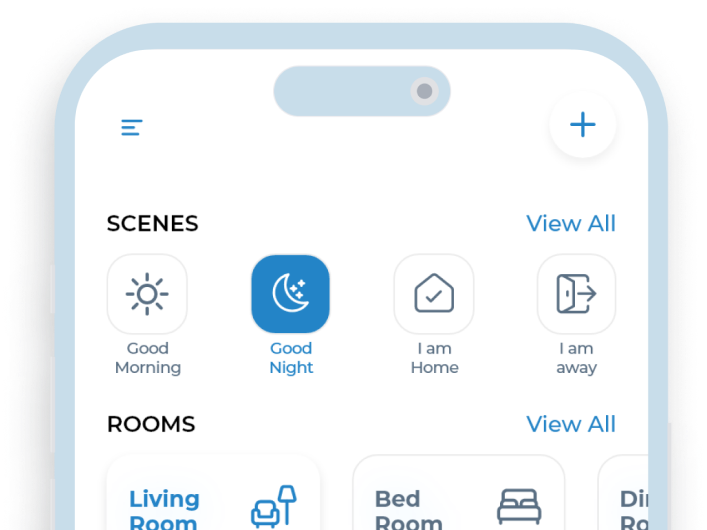 An illustration of half an iPhone displaying the overview of Scenes of the MTronic app with Good Night